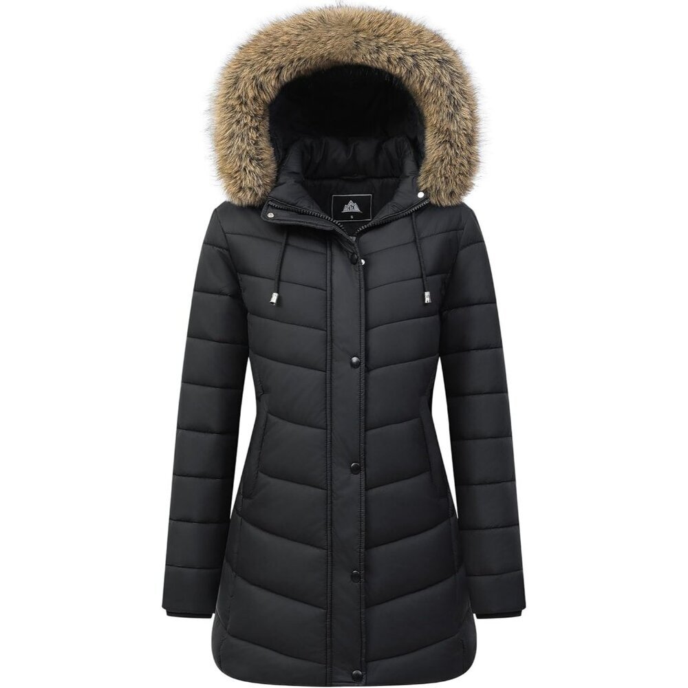 Women's Black Puffer Hooded Jacket Coat Winter Warm Fleece Lined Detachable